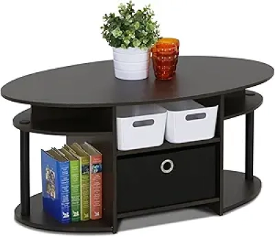 Table Basse Ovale Furinno Jaya Noyer - Design Simple avec Rangement