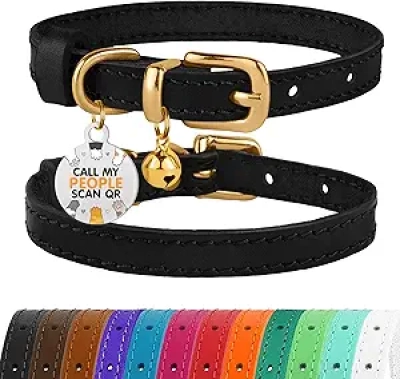 Collier Cuir Chat BRONZEDOG avec Grelot et Tag QR - Noir & Or (9-12 pouces)