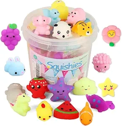 Squishies Mochi 24 pièces - Jouets anti-stress kawaii avec boîte de rangement