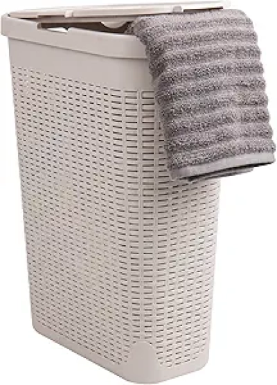 Panier à linge 40L avec couvercle - Design osier premium ivoire