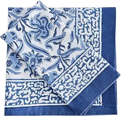 Serviettes de Table en Coton 100% Imprimé Floral Bleu - Set de 4