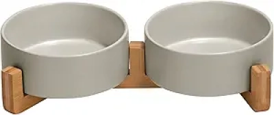 Gamelle Céramique Chats et Petits Chiens avec Support Bois - 400ml