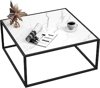 Table Basse Carrée Blanc Marbre - Design Moderne 70x70cm