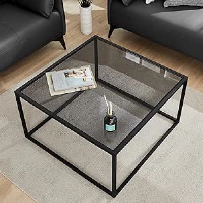 Table Basse Carrée Verre Gris - Design Moderne Minimaliste 67x67 cm