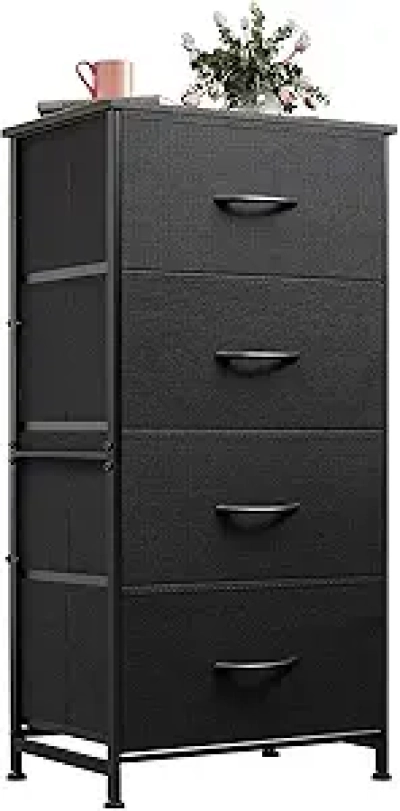 Commode 4 Tiroirs Tissu WLIVE - Meuble Rangement Chambre Noir