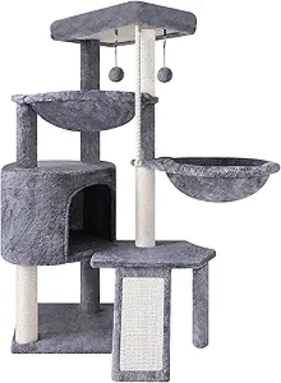 Arbre à Chat 3 Étages Gris avec Condo et 2 Hamacs - Griffoir Sisal