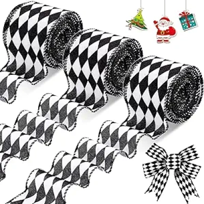 3 Rouleaux Ruban Carreaux Noir Blanc 30 Yards - Décoration Noël Vintage