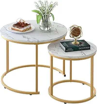 Table basse gigogne marbre blanc pieds dorés design moderne - Lot de 2