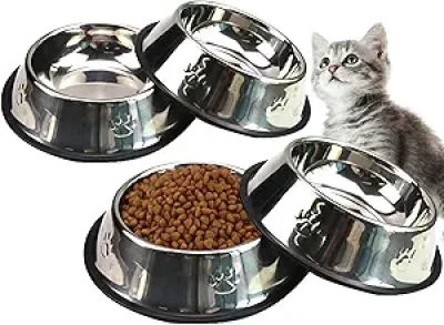Gamelle Chat Inox Antidérapante - Set 4 Bols avec Base Caoutchouc