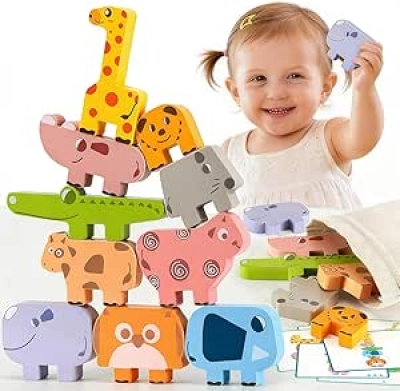 Blocs de Stacking Montessori Animaux en Bois pour Enfants 1-3 Ans