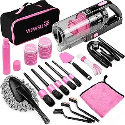 Kit Nettoyage Voiture Complet 17 pcs Rose - Aspirateur & Accessoires Détailing