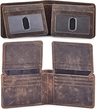 Portefeuille Cuir Véritable Bifold RFID Blocking Homme - Crazy Horse Moss