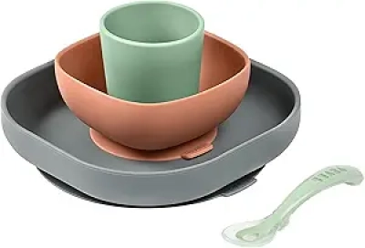 Béaba Set Vaisselle Silicone Bébé 4 Pièces avec Ventouse - Mineral