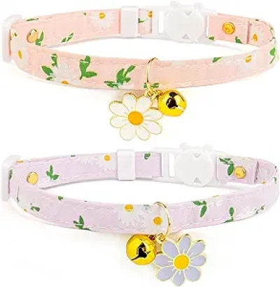 Lot de 2 Colliers pour Chat Ajustables avec Clochette et Fleurs - Sécurisé
