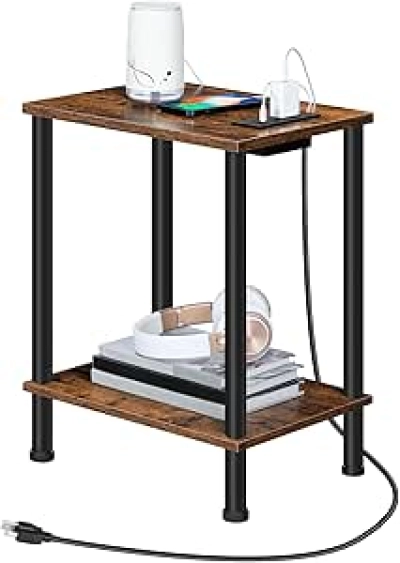 Table de Nuit HOOBRO avec Station de Charge USB - Marron Rustique