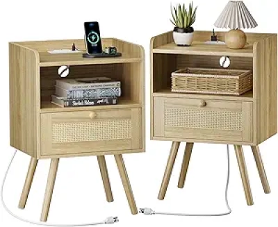 Lot de 2 Tables de Nuit avec Station de Charge - Style Bohème Rotin
