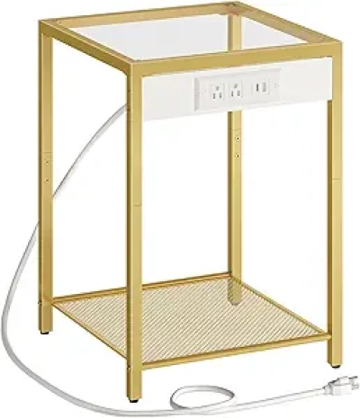 Table de Nuit HOOBRO avec Station de Charge USB - Verre Teinté et Cadre Doré