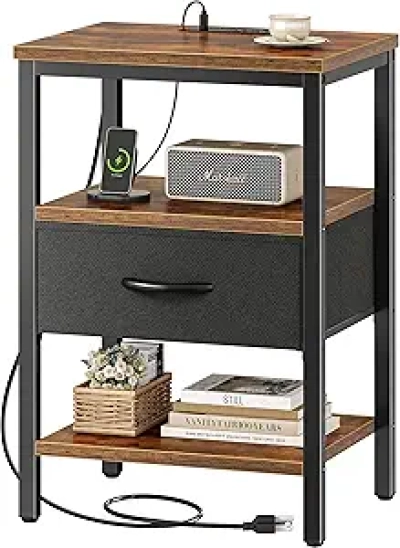 Table de Nuit avec Station de Charge USB - SUPERJARE Bois Rustique