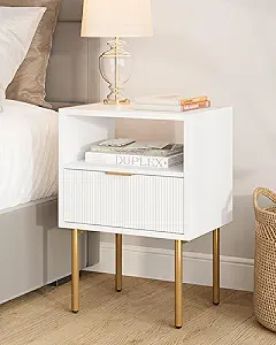 Table de Nuit Masupu Blanc et Or - Design Scandinave avec Tiroir de Rangement