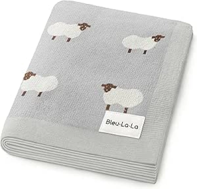 Couverture Bébé Tricotée 100% Coton - Mousseline Douce Naissance Motif Mouton Gris