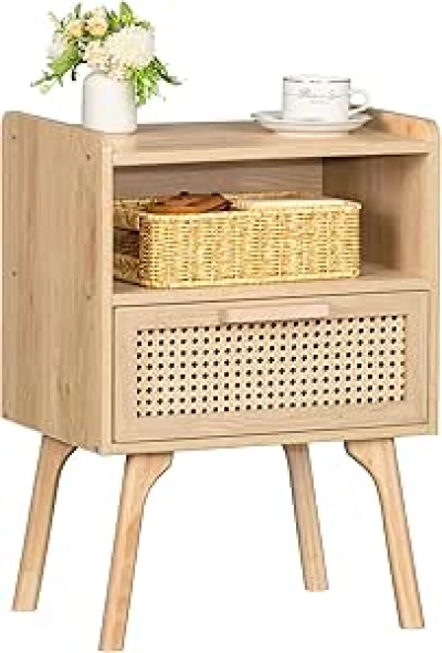 Table de Nuit Rotin Bohème Lerliuo - Chevet Boho avec Tiroir pour Chambre