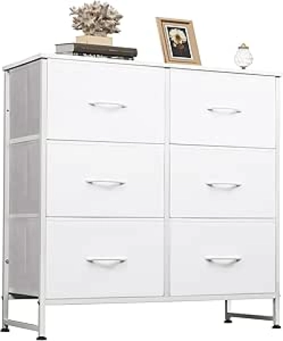 Commode Blanche 6 Tiroirs - Rangement Tissu pour Chambre