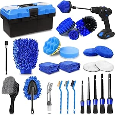 Kit Detailing Auto 27 Pièces - Brosses Nettoyage Voiture Intérieur Extérieur