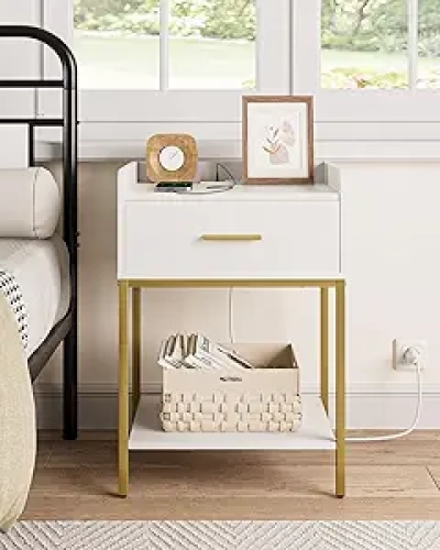 Table de Nuit Masupu avec Station de Charge - Design Moderne Blanc et Or