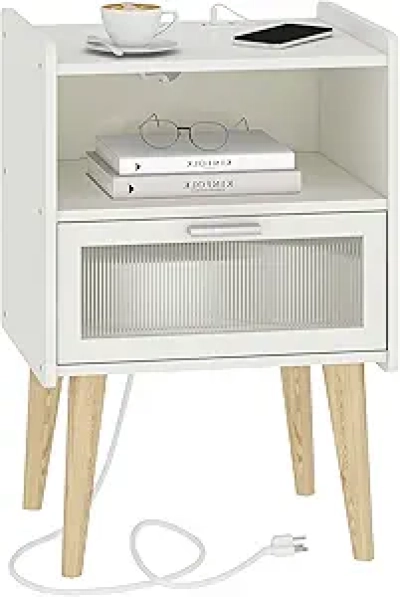 Table de Nuit avec Station de Charge USB - Porte Vitrée MORU - Blanc