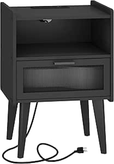 Table de Nuit avec Station de Charge - Meuble Chambre Noir CAMLBZ07BE