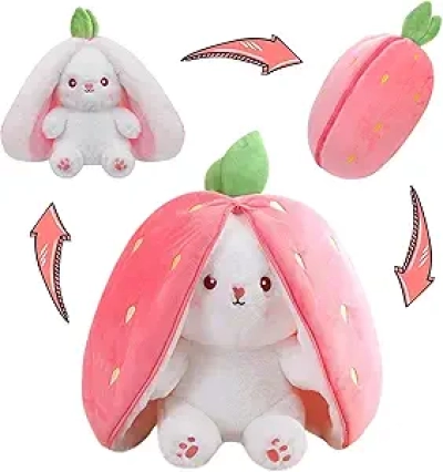 Lapin Peluche Réversible MIAODAM - Lapin Fraise Transformable avec Fermeture Éclair