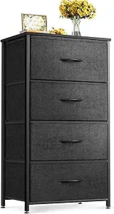 Petit Commode Chambre 4 Tiroirs Tissu - Meuble Compact Design Noir