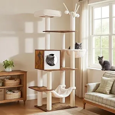 Arbre à chat 66" Hey-brother - Griffoir design bois rustique avec hamac
