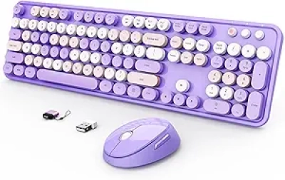 Clavier et Souris Wireless Rétro Violet - Ergonomique Full Size PC Bureau