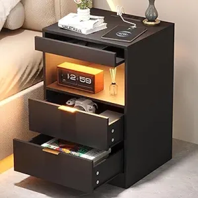 Table de Nuit LED avec Station de Charge - Noir Moderne