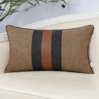 Housse de Coussin Patchwork 30x50cm Luxe Coton Lin Marron