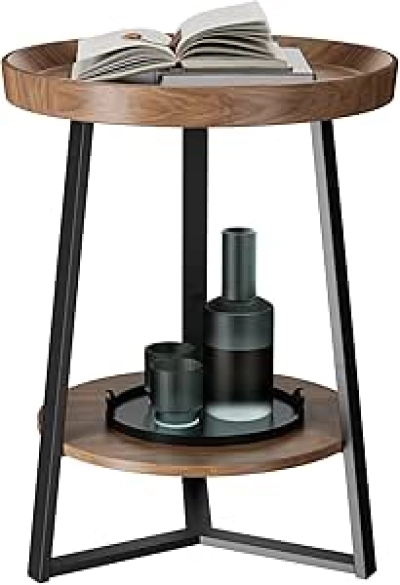 Table de Nuit Ronde avec Rangement - Style Farmhouse 2 Niveaux