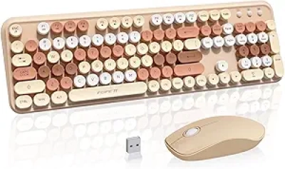 Clavier Souris Sans Fil 2.4GHz FOPETT - Silencieux, Ergonomique, Couleur Lait Thé