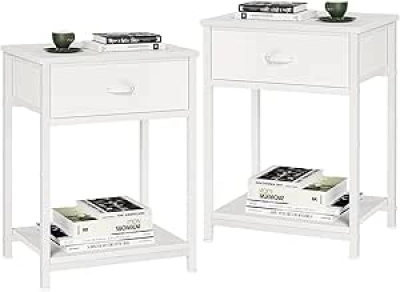 Lot de 2 Tables de Nuit Blanches Furologee avec Tiroir Tissu - Petites Tables d'Appoint pour Chambre