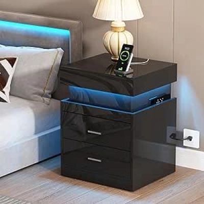 Table de Nuit LED ChooChoo avec Station de Charge - Noir Moderne