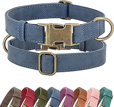Collier Chien Petit Cuir PU Bleu - Ajustable Dégagement Rapide S