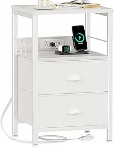 Table de Nuit Blanche avec Station de Charge USB et Prises – Rangement Intégré