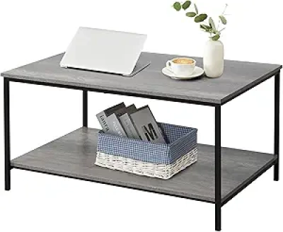 Table basse 2 niveaux grise avec rangement - Table TV bois et métal design