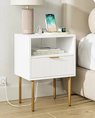 Table de Nuit avec Station de Charge - Design Moderne Blanc et Or