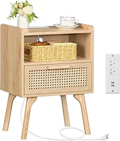 Table de nuit en rotin avec station de recharge - Lerliuo Boho