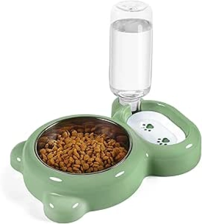Gamelle Chat et Chien Automatique avec Distributeur d'Eau et Bol Inox - Vert