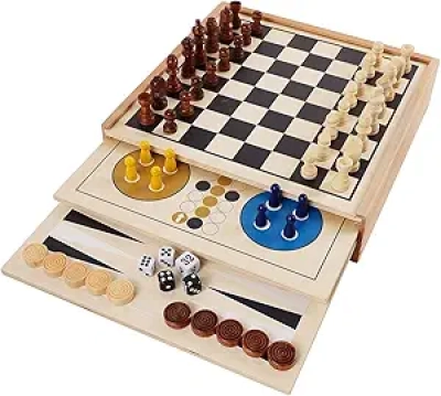 Jeu de Plateau 7 en 1 en Bois - Échecs, Dames, Backgammon & Plus