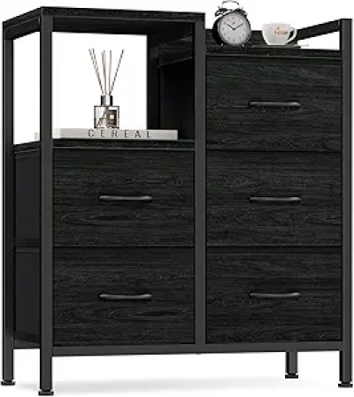 Commode 5 Tiroirs Noire Design Moderne - Meuble de Rangement pour Chambre