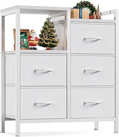 Commode 5 Tiroirs Blanche avec Étagères - Meuble de Rangement Moderne