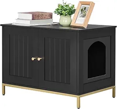 Meuble Litière Chat Moderne - Enclosure Noir et Or avec Cadre Métal